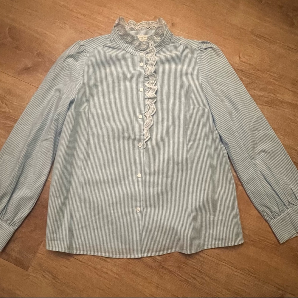 Sezane Blue and White Striped Top with Lace Detail - Chlo